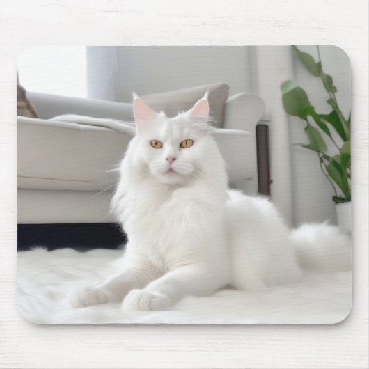 毛皮の敷物の上の白い猫 マウスパッド (正面)