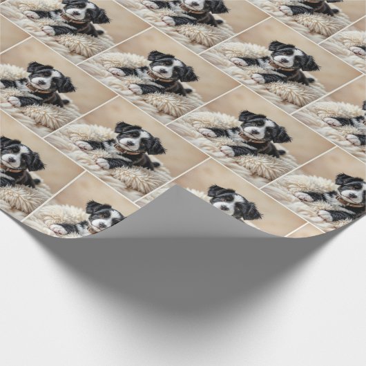 毛皮の枕に可愛い子犬 ラッピングペーパー (角)