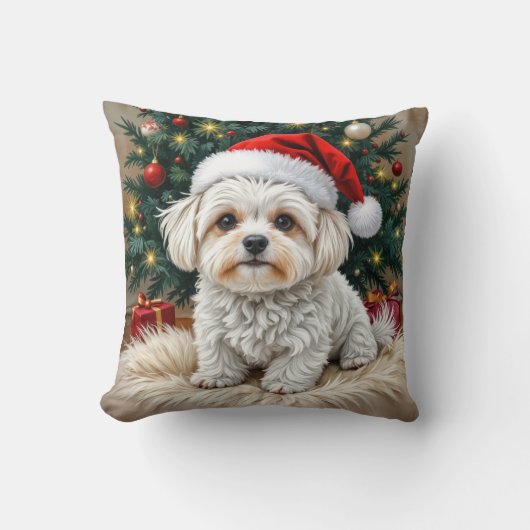 毛皮の枕の上のクリスマスマルチーズの犬 クッション (正面)