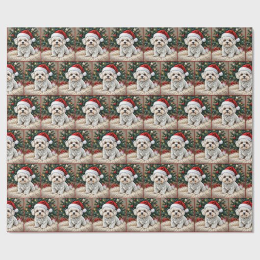 毛皮の枕の上のクリスマスマルチーズの犬 ラッピングペーパー (フラット)