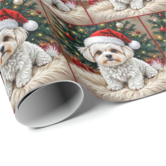 毛皮の枕の上のクリスマスマルチーズの犬 ラッピングペーパー (ロールコーナー)