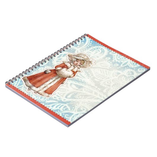 毛皮の赤のコートのビクトリアンなクリスマスの女の子 ノートブック (左側)