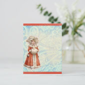 毛皮ビクトリアンの赤いコートを着たクリスマスガール シーズンポストカード (スタンド正面)