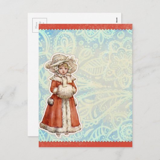 毛皮ビクトリアンの赤いコートを着たクリスマスガール シーズンポストカード (正面/裏面)