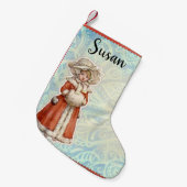 毛皮ビクトリアンの赤いコートを着たクリスマスガール スモールクリスマスストッキング (正面 (吊り時))