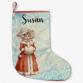 毛皮ビクトリアンの赤いコートを着たクリスマスガール スモールクリスマスストッキング (正面)