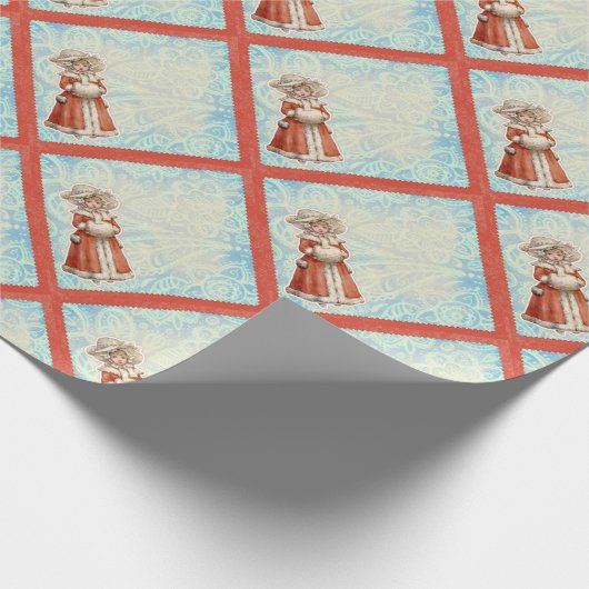 毛皮ビクトリアンの赤いコートを着たクリスマスガール ラッピングペーパー (角)