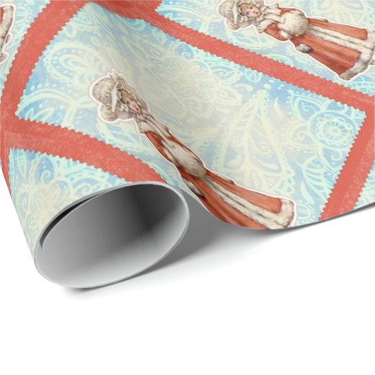 毛皮ビクトリアンの赤いコートを着たクリスマスガール ラッピングペーパー (ロールコーナー)