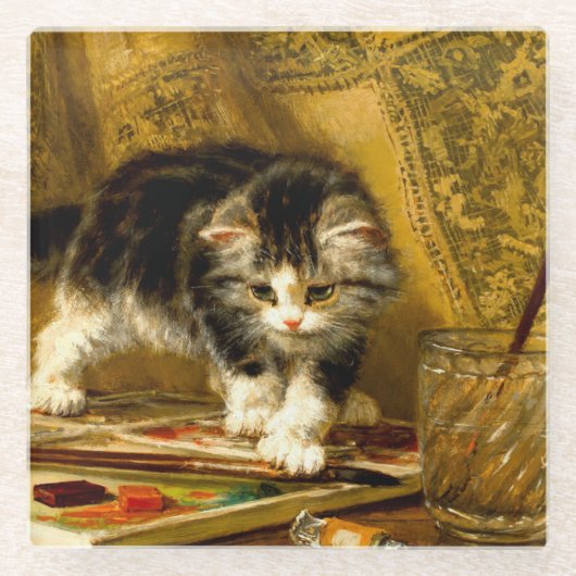 毛筆絵を描付きの子猫 ガラスコースター (正面)