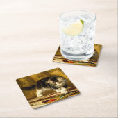 毛筆絵を描付きの子猫 スクエアペーパーコースター (インサイチュ)