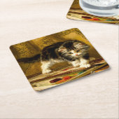 毛筆絵を描付きの子猫 スクエアペーパーコースター (アングル)