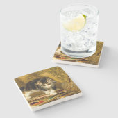 毛筆絵を描付きの子猫 ストーンコースター (横)