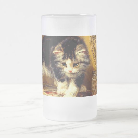 毛筆絵を描付きの子猫 フロストグラスビールジョッキ (中央)