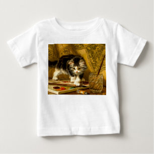毛筆絵を描付きの子猫 ベビーTシャツ