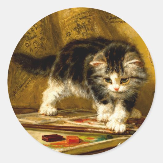 毛筆絵を描付きの子猫 ラウンドシール (正面)