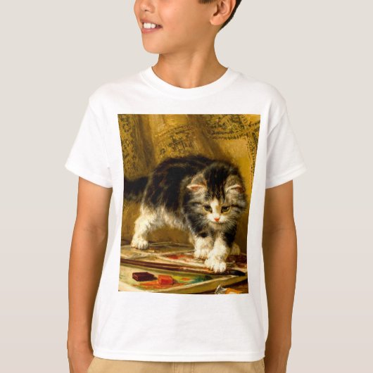 毛筆絵を描付きの子猫 Tシャツ (正面)