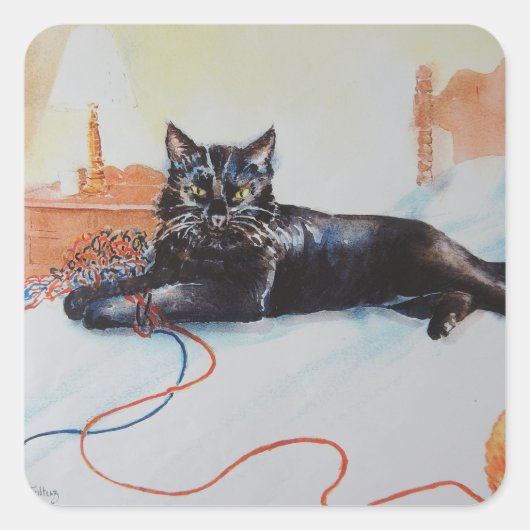 毛糸つき黒猫 スクエアシール (正面)