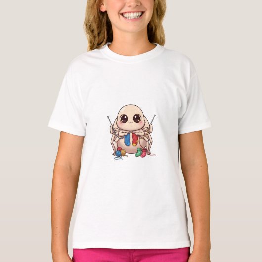 毛糸で編み物をするかわいいクモの子供デザイン Tシャツ (正面)