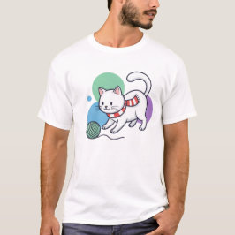 毛糸で遊ぶ白猫Tシャツ Tシャツ