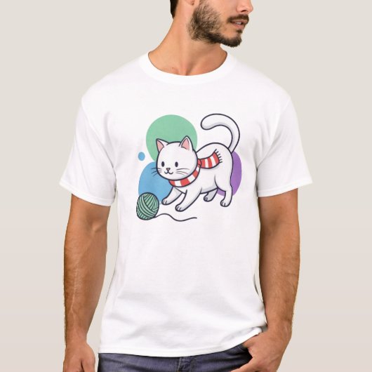 毛糸で遊ぶ白猫Tシャツ Tシャツ (正面)
