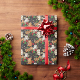 毛糸とクリスマスツリーのイルミネーションに絡まる面白い猫たち ラッピングペーパー