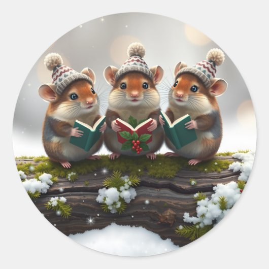 毛糸の帽子をかぶって歌うかわいい畑のネズミの合唱団 ラウンドシール (正面)
