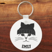 毛糸の帽子をかわいいパーソナライズされた猫 キーホルダー (正面)