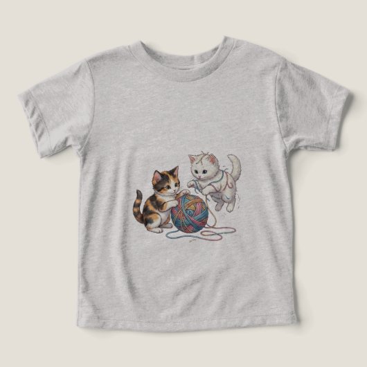 毛糸の玉に絡まるかわいい子猫Tシャツ (デザイン正面)