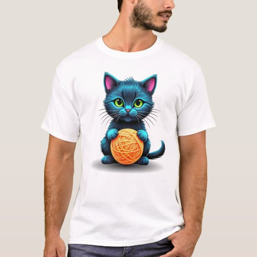 毛糸の玉を持つ愛らしい青い猫 Tシャツ (正面)