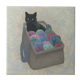 毛糸の袋に入った黒猫 タイル