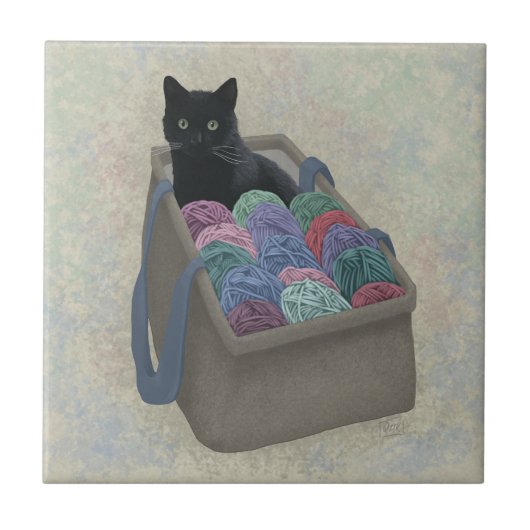 毛糸の袋に入った黒猫 タイル (正面)
