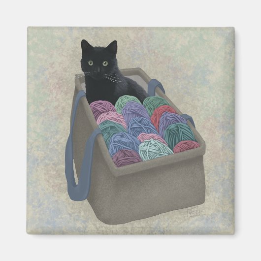 毛糸の袋に入った黒猫 マグネット (正面)
