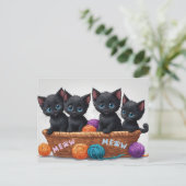 毛糸バスケットの中の黒子猫  ポストカード (スタンド正面)