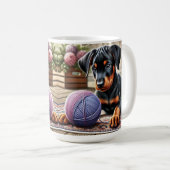 毛糸ボールを敷いたドバーマンパピーカラフル コーヒーマグカップ (正面右)