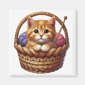 毛糸入りバスケットのかわいいオレンジ色の子猫 マグネット (正面)