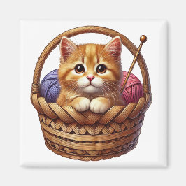 毛糸入りバスケットのかわいいオレンジ色の子猫 マグネット