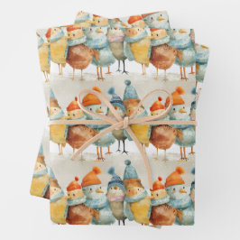 毛織お洒落の帽子とスカーフの漫画の鶏 ラッピングペーパーシート