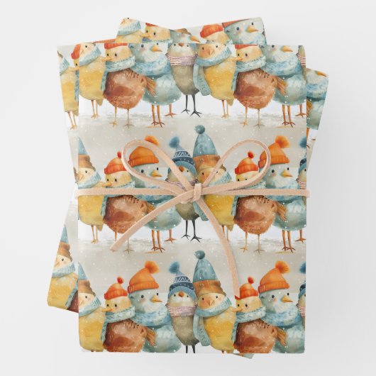 毛織お洒落の帽子とスカーフの漫画の鶏 ラッピングペーパーシート (インサイチュ)