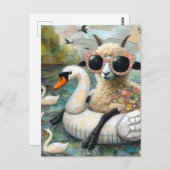 毛織の羊が白鳥と一緒に湖に浮かんでいる|過去記事 ポストカード (正面/裏面)