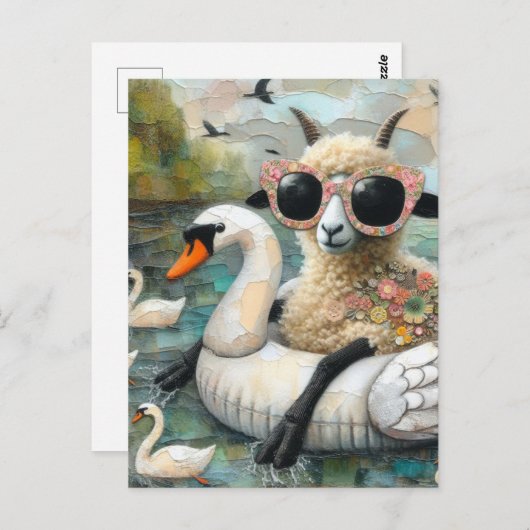 毛織の羊が白鳥と一緒に湖に浮かんでいる|過去記事 ポストカード (正面/裏面)