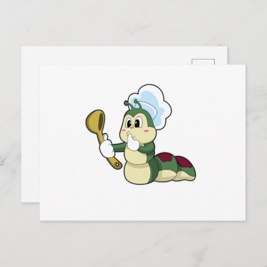 毛虫のシェフの木製スプーン ポストカード (正面/裏面)