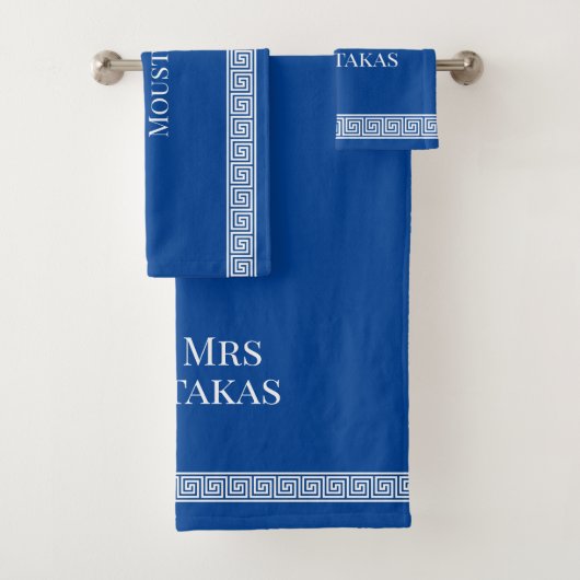 氏および夫人Greekの鍵の雷文はパターン青を縁どります バスタオルセット (インサイチュ)