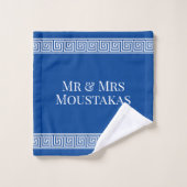 氏および夫人Greekの鍵の雷文はパターン青を縁どります バスタオルセット (ウォッシュタオル)