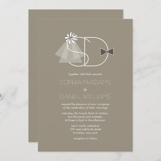 氏およびVeil夫人及びちょうネクタイのモノグラムの結婚式の招待 招待状 (正面/裏面)