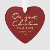 氏及び夫人として私達の初めてのクリスマスハート形| オーナメント (裏面)