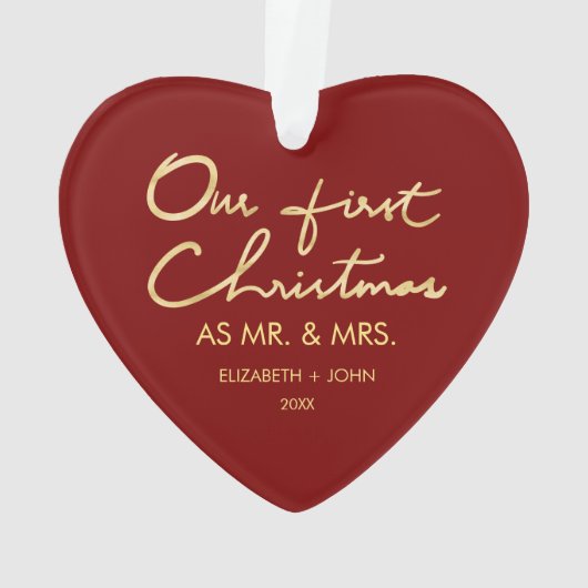 氏及び夫人として私達の初めてのクリスマスハート形| オーナメント (裏面)