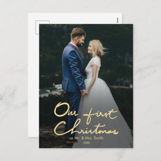 氏及び夫人|ののどの金ゴールドの写真として私達の初めてのクリスマス シーズンポストカード (正面/裏面)