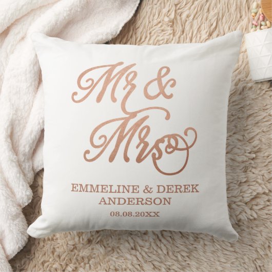 氏及びFaux Copper |夫人の名前をカスタムする及び結婚式の日付 クッション (ブランケット)
