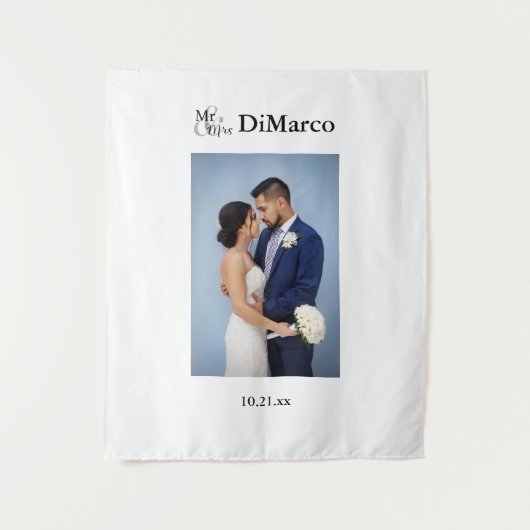 氏名と日付結婚付きミセス写真 タペストリー (正面)