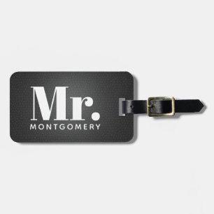 氏Black Leather Script Monogrammedのの名前 ラゲッジタグ